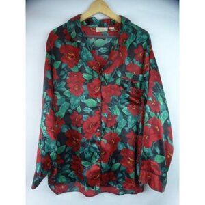 Vintage Victoria's Secret Pajama Top Women's Large Satin Red Flower Button Down